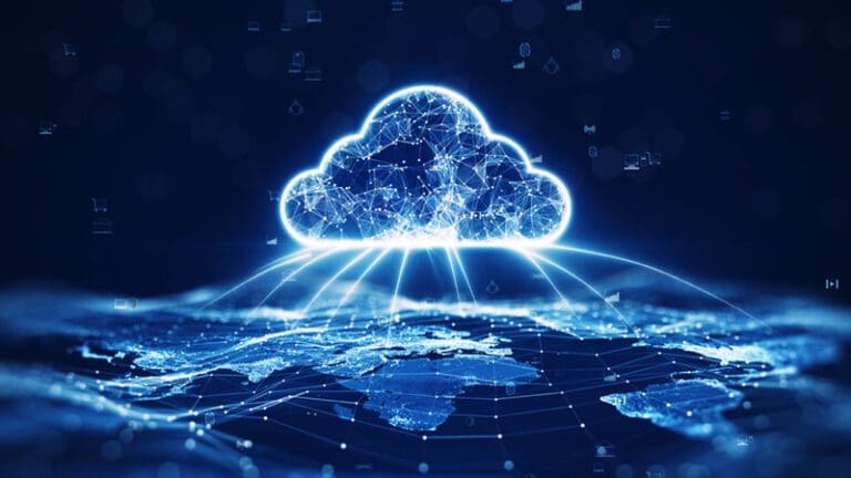 data transfer cloud computing technology concept. There is a large prominent cloud icon in the center with internal connections. and small icon on abstract world map polygon with dark blue ... See More