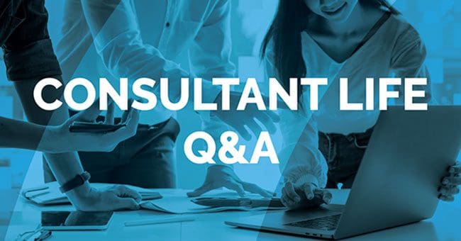 Consultant Life Q&A banner with businessmen and businesswomen are working in the background