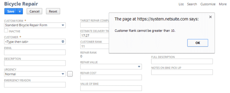Screenshot of NetSuite's Return User Error Action