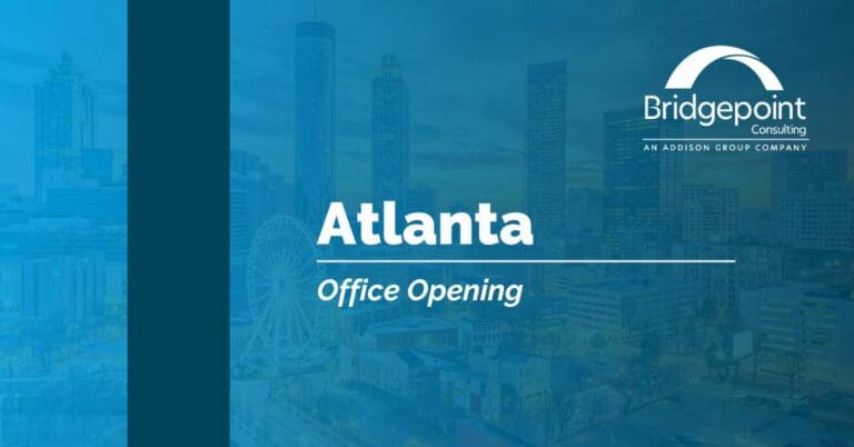 Text "Atlanta Office Opening" over a photo of the Atlanta skyline with Bridgepoint's logo