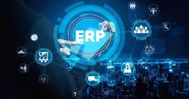 Enterprise Resource Management ERP software system for business resources plan presented in modern graphic interface showing future technology to manage company enterprise resource.