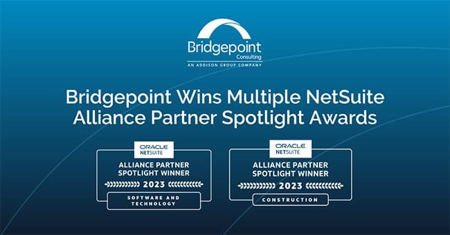 Text "Bridgepoint Wins Multiple NetSuite Alliance Partner Spotlight Awards" with logos over a blue background