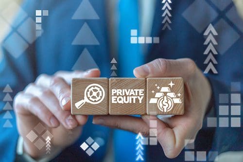 Private equity business finance concept on wooden cubes in businessman's hands. Private Equity.