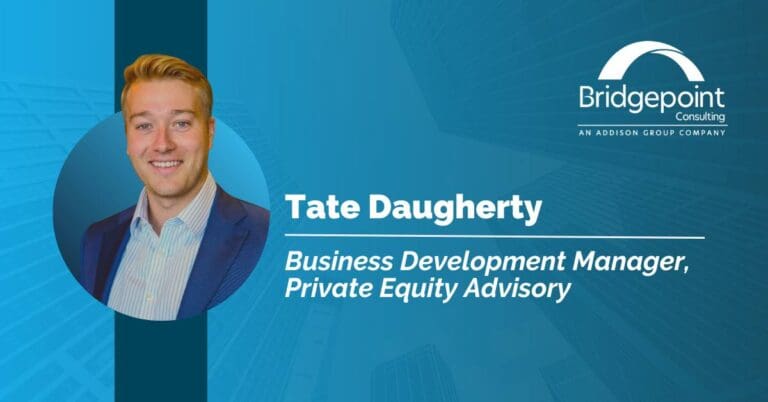 Bridgepoint Consulting promotional press release template with text "Tate Daugherty, Business Development Manager, Private Equity Advisory" w/ headshot over a blue background & branded logo