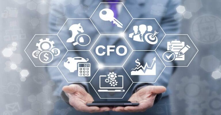 CFO - Chief Financial Officer business concept. Leadership, mobile internet technology, finance, strategy office work. Businessman offers smart phone with CFO icon on virtual screen.