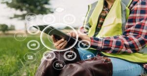 Agriculture technology farmer woman holding tablet or tablet technology to research about agriculture problems analysis data and visual icon.Smart farming