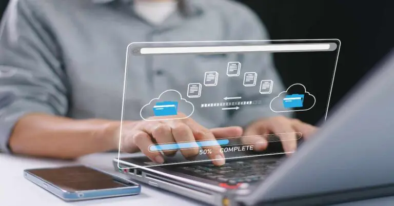 Internet cloud technology concept. Download data exchange. Transfer business folder data system relocation. Man use computer laptop waiting transfer file migration process, loading bar icon on screen