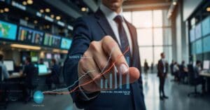 A professional, sharply focused image showcases an intricate business digital graph chart within the dynamic context of a thriving stock exchange market. The dominant element is the detailed chart illustrating the growth and investment trends in various sectors. Surrounding details include fast-paced activity on trading floors, screens displaying real-time data, and sleek architectural features like modern glass buildings and minimalist design elements. The image exudes a sense of precision and professionalism while emphasizing the vibrant energy of the stock market.