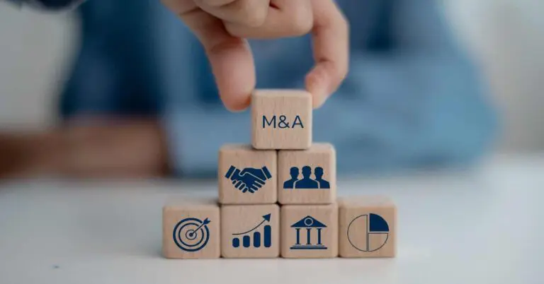 M&A integration, Business mergers and acquisitions concept. Share acquisition, asset business acquisition, amalgamation. Business review and development model. The abbreviation M and A on smart background, copy space.