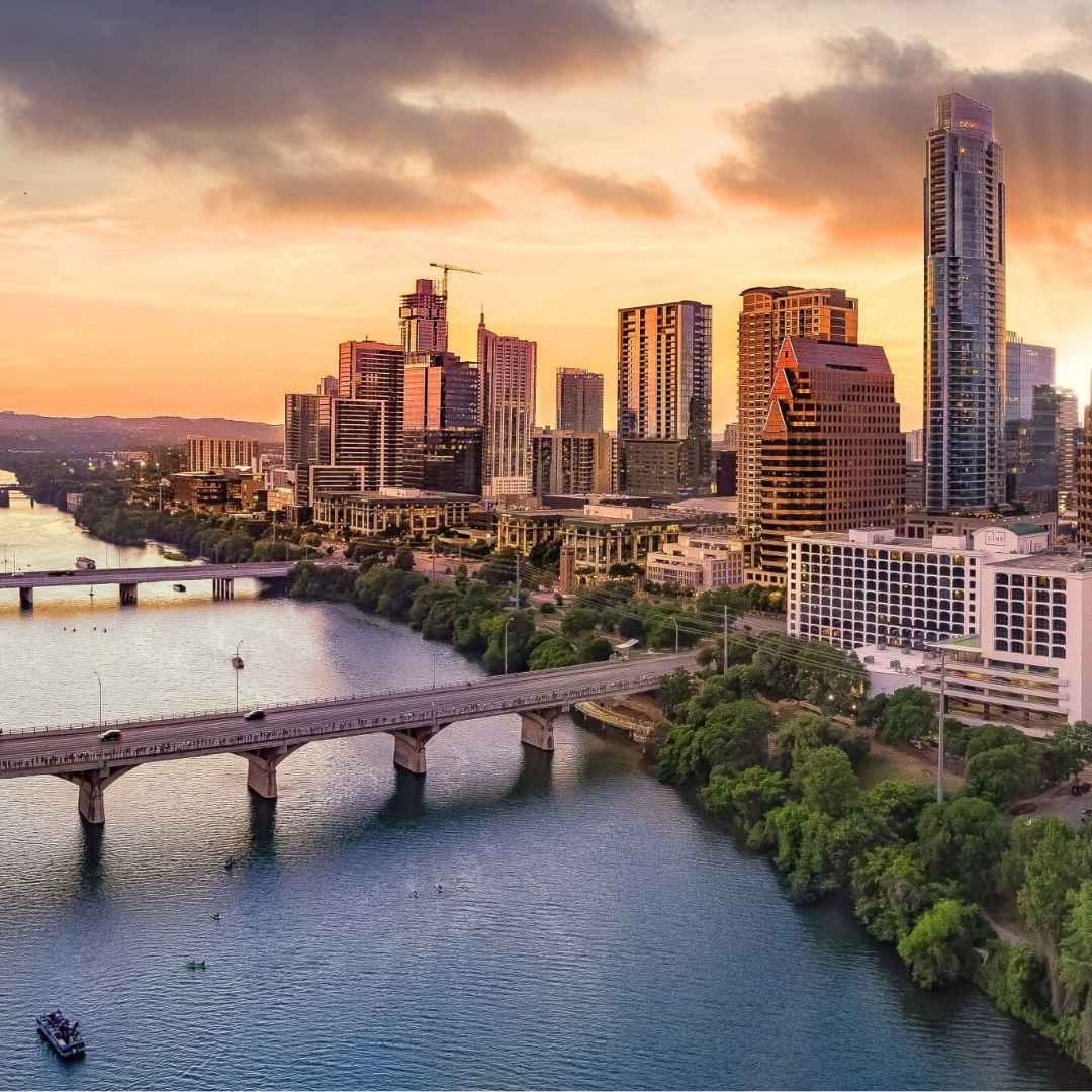 Austin skyline featuring city buildings and the river.