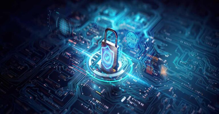 SB 2610, secure connection or cybersecurity service concept of compute motherboard closeup and safety lock with login and connecting verified credentials as wide banner design with copyspace area - Generative AI