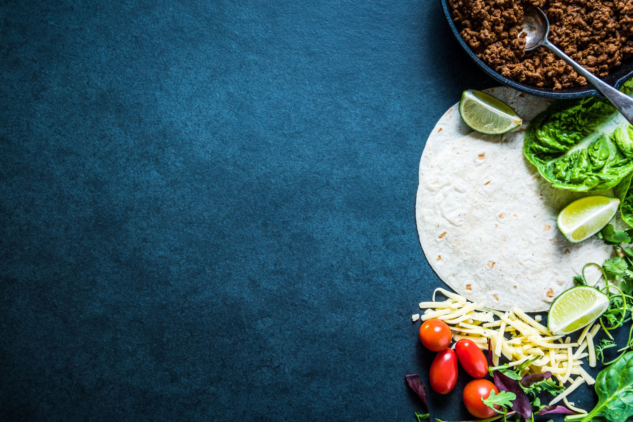 Mexican fajitas or tortillas, food border background recipe