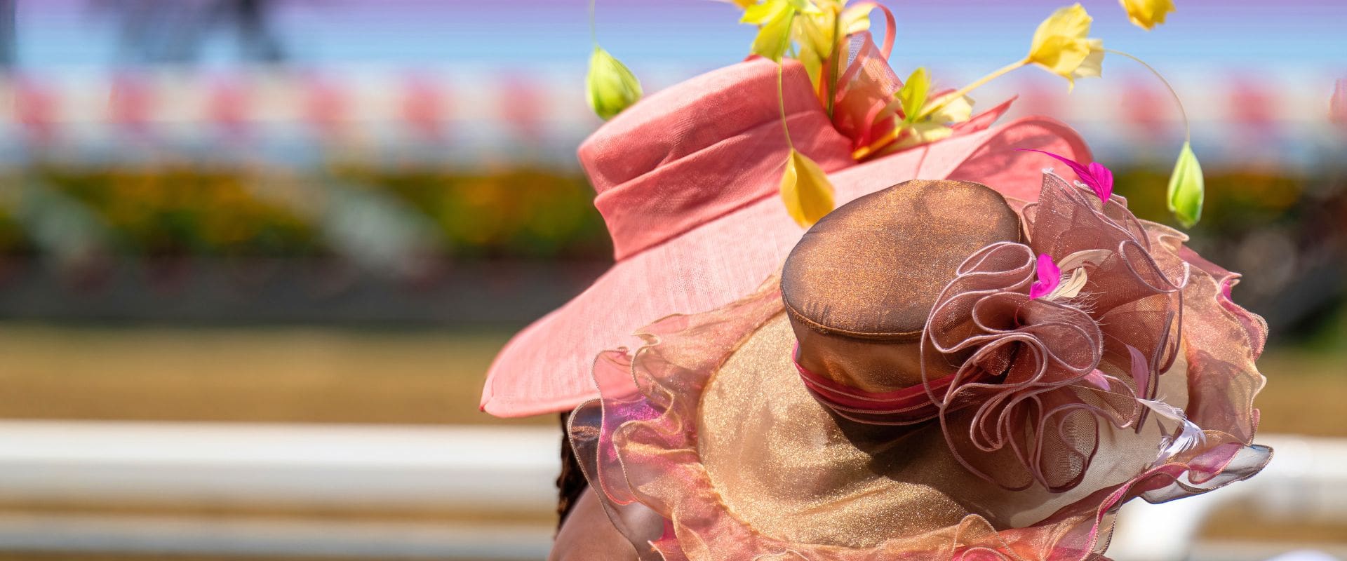 Two females with eccentric hats at the Kentucky Derby.