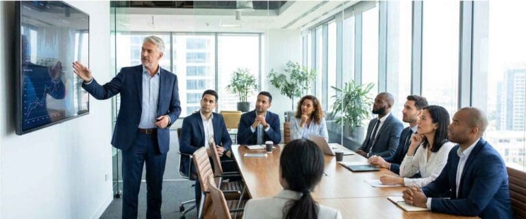 Board meeting with several senior executives reviewing financials.