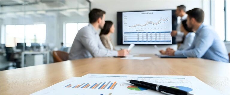 Finance executives reviewing financial performance data
